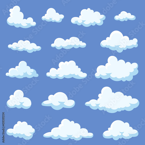 Set of cartoon clouds isolated on blue background. White fluffy vapors illustrations in 2d style. Calm atmosphere, bright blue sky, heaven. Nature, weather concept for adverts or banners design