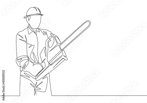 One continuous line drawing of young attractive woodworker holding big chainsaw to cut the tree. Lumberjack cutting wood concept