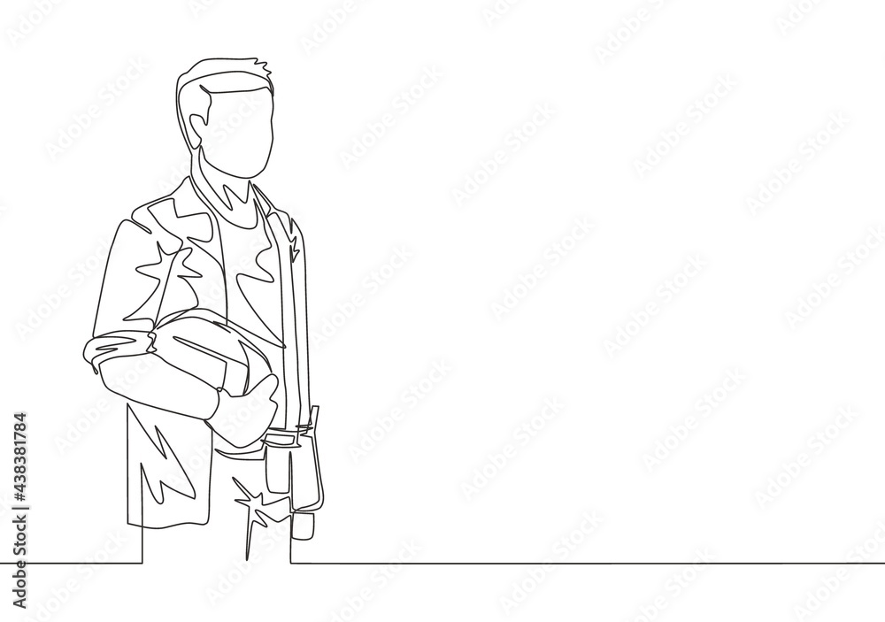 One single line drawing of young attractive builder constructing holding helmet. Building construction service concept continuous line draw design illustration One single line drawing of young attractive builder constructing holding helmet. Building construction service concept continuous line draw design illustration