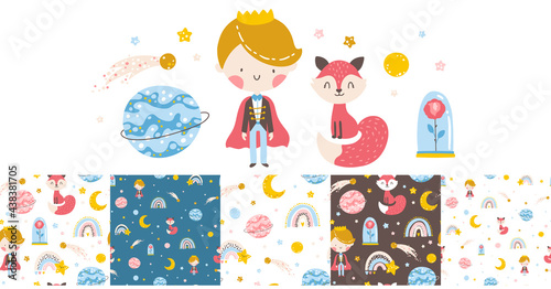 Little prince set with seamless pattern. Fox, rose, planets and stars. Vector illustration in simple hand-drawn cartoon style. The pastel palette is ideal for printing baby clothes. photo