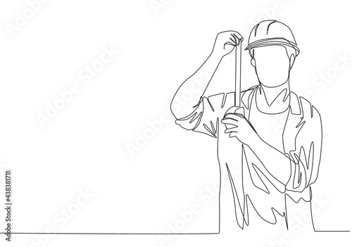 Single continuous line drawing of young handsome handyman measuring the length of the wall using measurement tape. Home renovation service concept one line draw design illustration