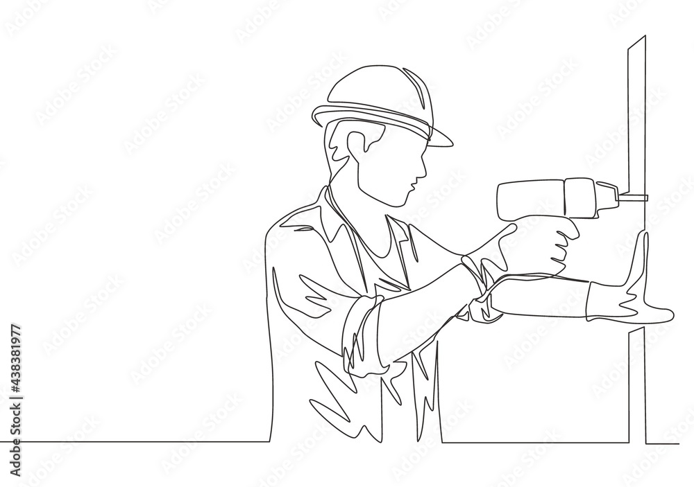 One continuous line drawing of young handsome handyman drilling wooden wall using drill machine. House maintenance service concept single line draw design illustration One continuous line drawing of young handsome handyman drilling wooden wall using drill machine. House maintenance service concept single line draw design illustration