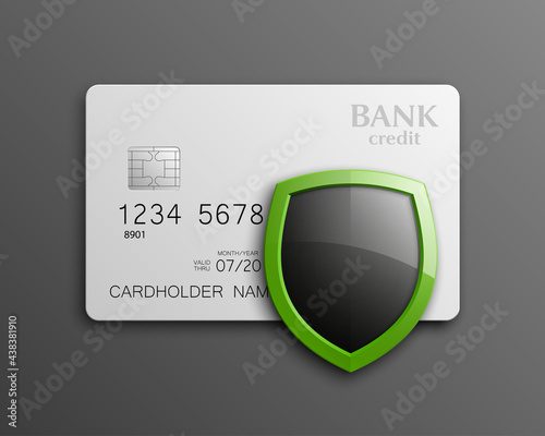 Protection shield credit card. Safety badge banking card. Safeguard finans icon. Security shield Plastic card software. Debit card guard electromagnetic chip. Privacy Electronic money funds transfer.