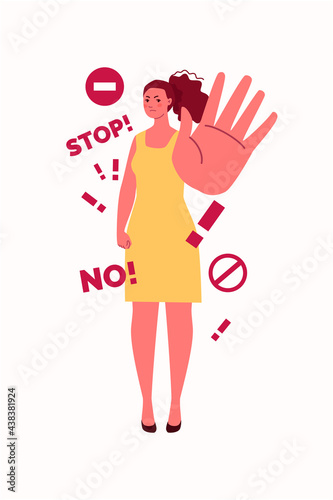 A confident woman says no firmly. Hand gesture "Stop". The concept of personal boundaries and the right of women to be protected from violence. Vector flat cartoon illustration.