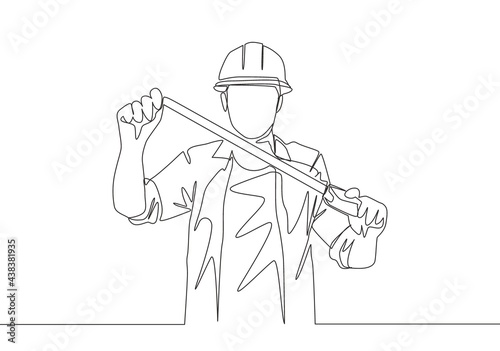 One single line drawing of young attractive handyman holding measurement tape. Building construction service concept Continuous line draw design illustration