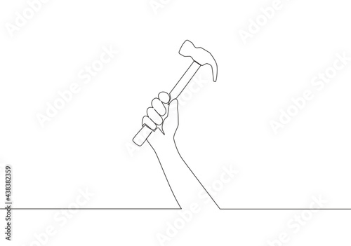 Single continuous line drawing of man holding hammer steel. Handyman tools concept. One line draw vector design illustration