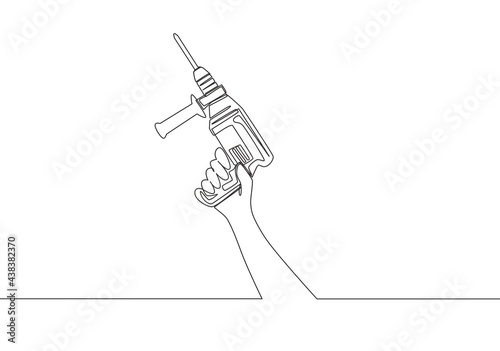 One single line drawing of man holding electric hand drill machine. Handyman tools concept. Continuous line draw vector design illustration
