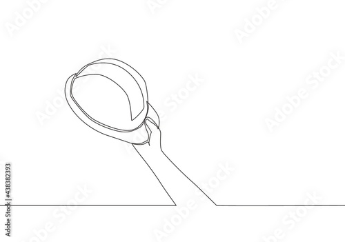 One single line drawing of man holding builder construction helmet. Worker safety tools concept. Continuous line draw vector design illustration