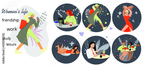 A set 6 of scenes - female activities in modern life. Everyday woman life. Girls and women spend their leisure time, study, make friends, work, gossip, play sports, dance. Gossip, play sports, dance.