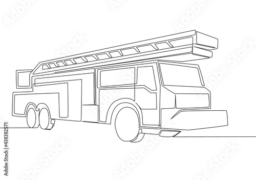 One line drawing of fire truck with hose and ladder. Public safety service vehicle transportation concept. Single continuous line draw design