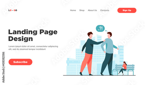 Man asking question other man in park. Problem, confusion. Flat vector illustration. Talk and search service concept can be used for presentations, banner, website design, landing web page