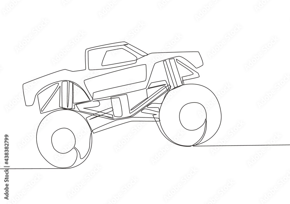 Single line drawing of 4x4 wheel steering monster truck car for competition and tournament. Adventure offroad vehicle transportation concept. One continuous line draw design Single line drawing of 4x4 wheel steering monster truck car for competition and tournament. Adventure offroad vehicle transportation concept. One continuous line draw design