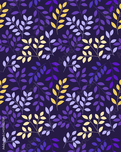 vector seamless floral pattern of dark purple and yellow branches, main color is dark purple, contrast and bright colour palette