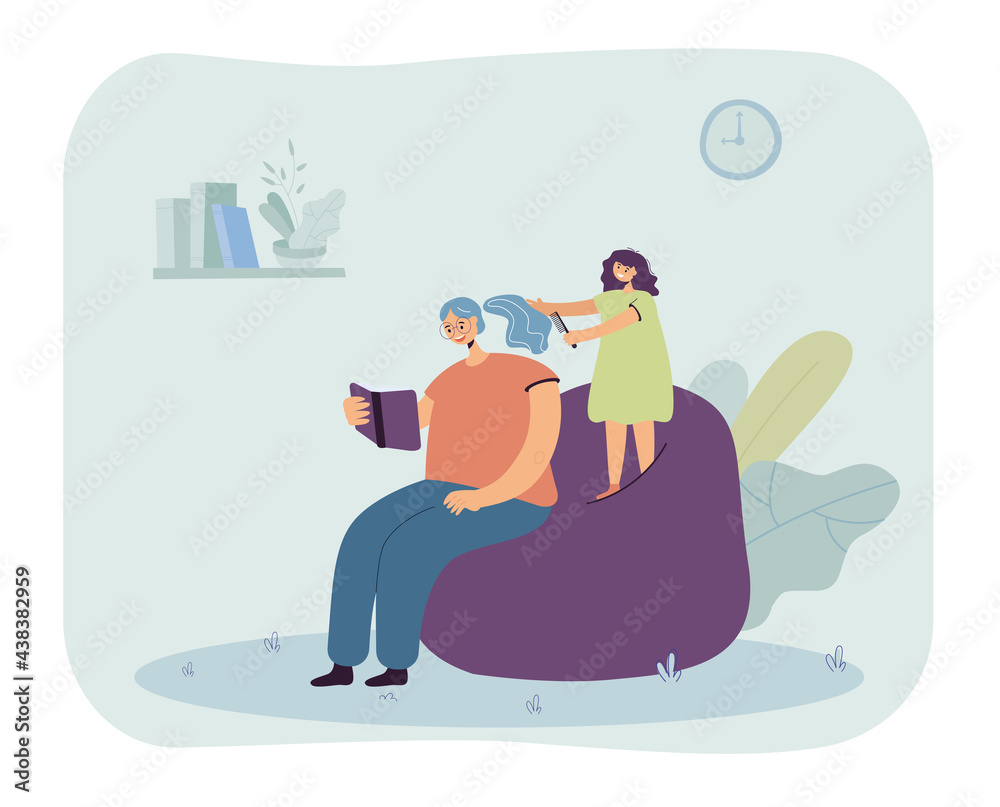 Daughter brushing hair of mother. Woman reading book, girl combing hair flat vector illustration. Family, relationship, motherhood, hairdressing concept for banner, website design or landing web page Daughter brushing hair of mother. Woman reading book, girl combing hair flat vector illustration. Family, relationship, motherhood, hairdressing concept for banner, website design or landing web page