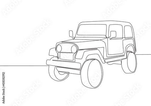Single line drawing of 4x4 speed wrangler jeep car. Offroad adventure rally vehicle transportation concept. One continuous line draw design