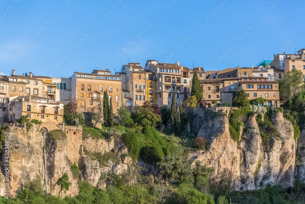 Majestic full view at the Cuenca Hanging Houses, Casas Colgadas, iconic architecture on Cuenca city