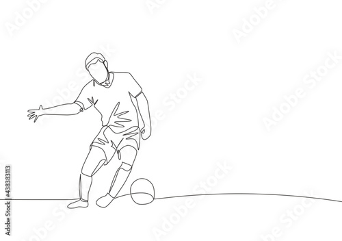 One single line drawing of young strong football defender block the ball and control it avoiding opponents. Soccer match sports concept. Continuous line draw design vector illustration