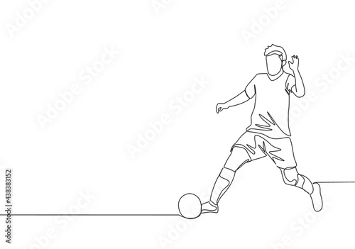 One single line drawing of young energetic football player win the ball and dribbling it to the opponent's area. Soccer match sports concept. Continuous line draw design vector illustration