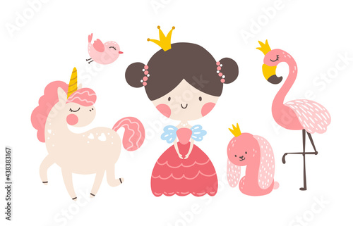 Princess Seth. Unicorn, flamingo, rabbit in crowns. Cute girl characters with animals and birds. Vector illustration in simple hand-drawn scandinavian style in pastel palette