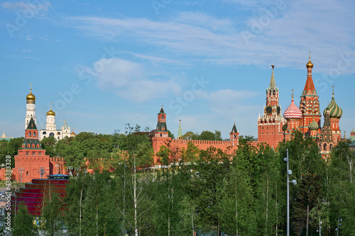 City landscape with view at Moscow Kremlin towers and St. Basil's Cathedral.