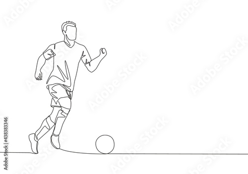 One continuous line drawing of young energetic football player dribbling and controlling the ball at the game. Soccer match sports concept. Single line draw design vector illustration