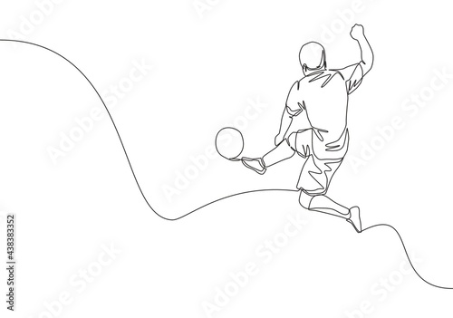 One continuous line drawing of young energetic football attacker kicking the ball really hard to the goal. Soccer match sports concept. Single line draw design vector illustration