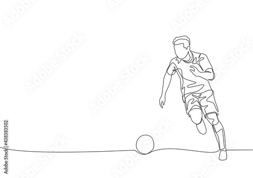 One continuous line drawing of young energetic football player dribbling the ball to the opponent area. Soccer match sports concept. Single line draw design vector illustration