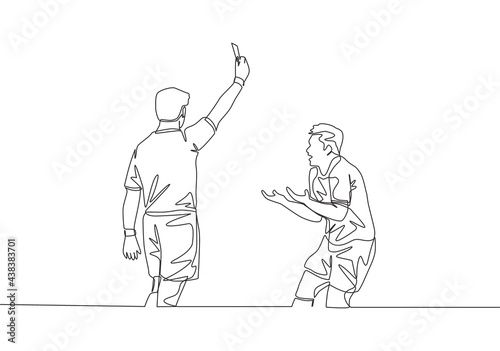 Single continuous line drawing of referee punished young football player a yellow card to his foul at the game. Soccer match sports concept. One line draw design vector illustration