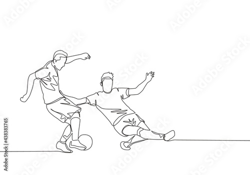 Single continuous line drawing of young energetic football player sliding opponent player when he wants to dribbling pass him. Soccer match sports concept. One line draw design vector illustration