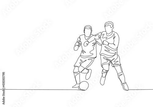 Single continuous line drawing of young energetic football player elbow opponent player while fighting for the ball. Soccer match sports concept. One line draw design vector illustration