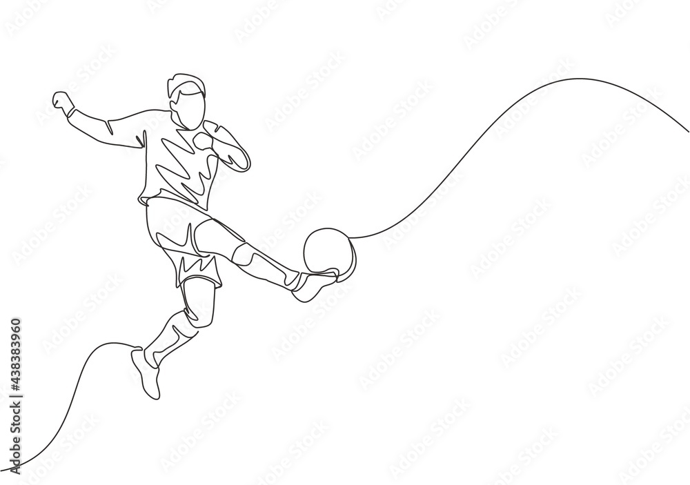 One single line drawing of young talented football player win the ball and shot the first time technique kick. Soccer match sports concept. Continuous line draw design vector illustration - obrazy, fototapety, plakaty 