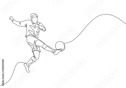 One single line drawing of young talented football player win the ball and shot the first time technique kick. Soccer match sports concept. Continuous line draw design vector illustration © Simple Line