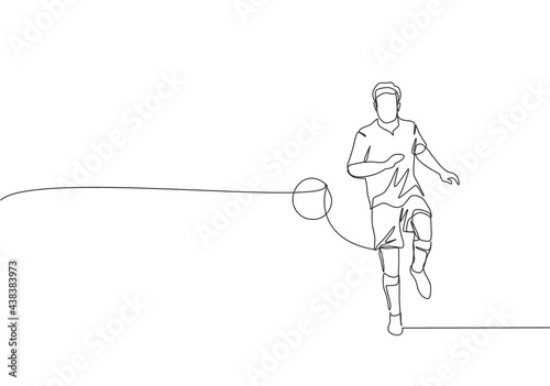 One single line drawing of young happy football player with short sleeve calmly controlling the ball passed to him. Soccer match sports concept. Continuous line draw design vector illustration
