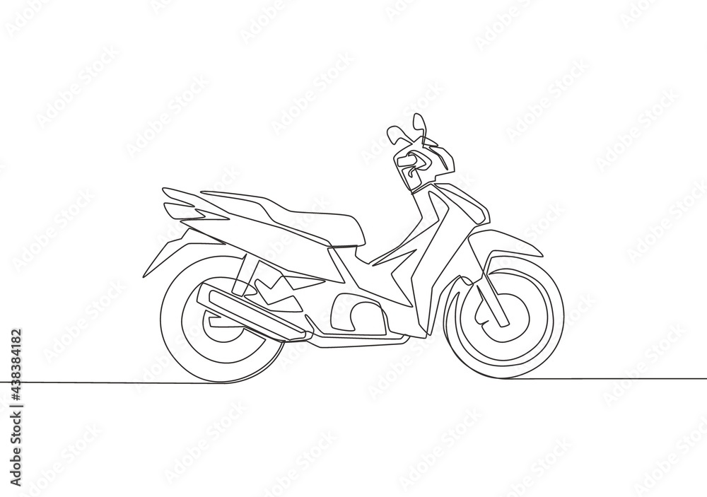 One continuous line drawing of modern Asian underbone motorbike logo. Urban motorcycle concept. Single line draw design vector illustration One continuous line drawing of modern Asian underbone motorbike logo. Urban motorcycle concept. Single line draw design vector illustration