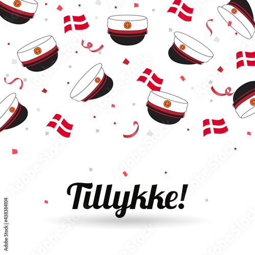 Graduation cap with flag of Denmark on confetti background. celebration card vector illustration. Danish Translation: " Congratulations! "