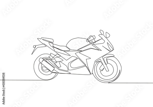 One continuous line drawing of luxury sport motorbike logo. Big motorcycle concept. Single line draw design vector illustration