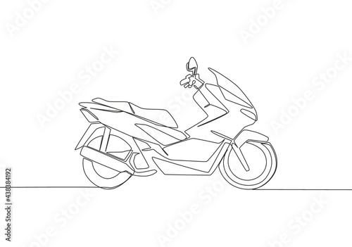 One continuous line drawing of modern luxury Asian underbone motorbike logo. Big automatic motorcycle concept. Single line draw design vector illustration