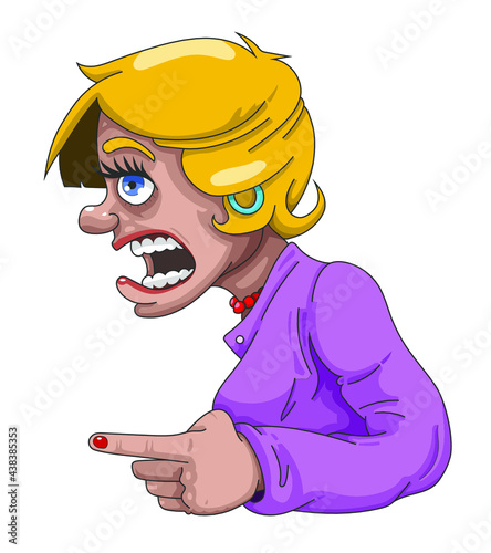 Femme blonde en colère montrant du doigt