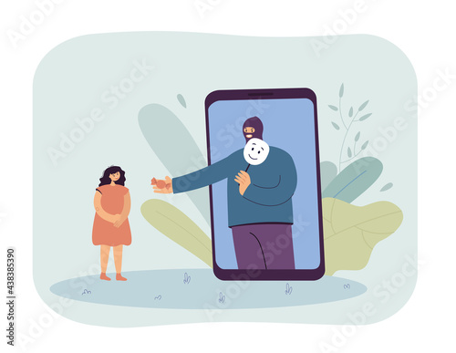 Online crime towards children vector illustration. Criminal man pretending to be someone else offering sweet to little girl from phone. Online crime concept for banner, website design or landing page