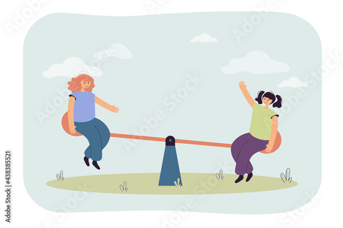 Children riding teeter-totter vector illustration. Two little girl on seesaw. Happy kids spending time together, playing. Childhood concept for banner, website design, landing web page