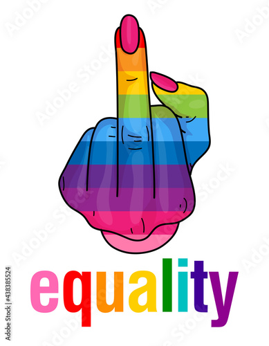 Equality - LGBT pride slogan against homosexual discrimination. Modern calligraphy with rainbow colored characters. Good for posters, t-shirt, gifts, pride sets. Hand gesture.