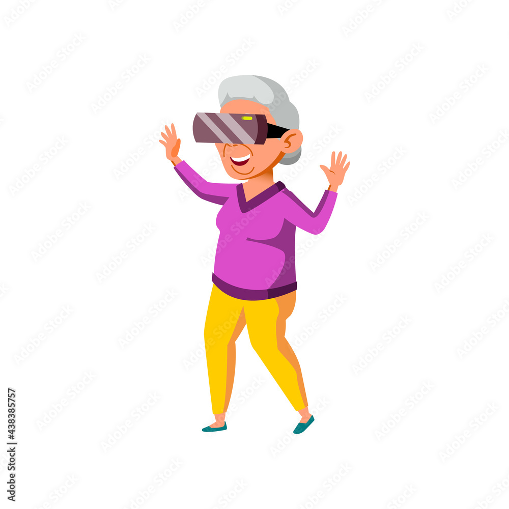 mature age woman watch video in vr glasses cartoon vector. mature age woman watch video in vr glasses character. isolated flat cartoon illustration