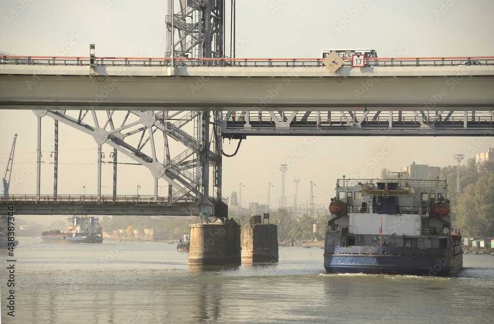  Passage of the ship under the drawbridge morning in Rostov-on-Don