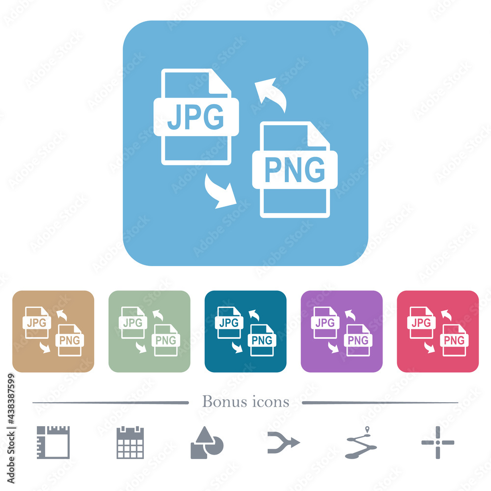 JPG PNG file conversion flat icons on color rounded square backgrounds