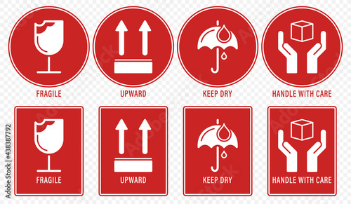 Fragile package icons set, handle with care logistics and delivery shipping labels. Fragile box, keep dry umbrella, cargo warning vector signs. Vector elements.