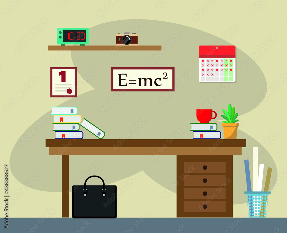 Scientist's desk. Formulas, books, workspace. Scientist's desk. Formulas, books, workspace.