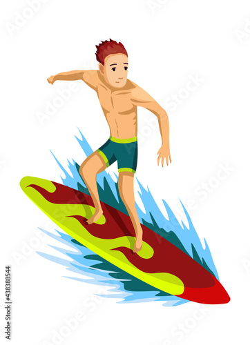 Summer beach activities. Guy rides on a surfboard. Wave conqueror. Beach vacation. Cartoon style