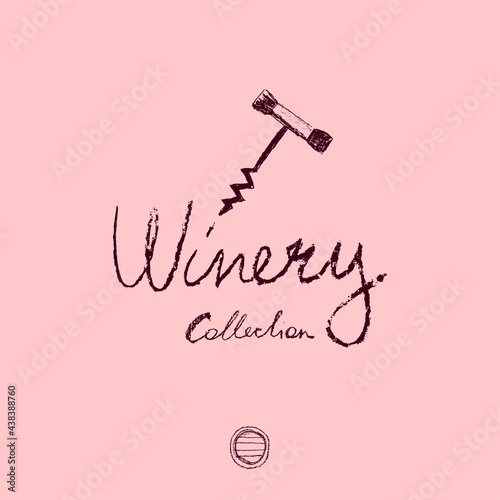 Wine cork illustrations with crayon texture. Wine corkscrew illustration vector. Wine-shop icon. Chalkboard texture. Wine stopper and for emblem vineyard, biodynamic wines, grape festival, bar sign.
