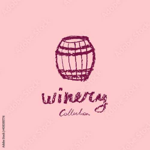 Winery logo template. Vector crayon illustration. Wine-shop icon. Chalkboard texture. Wine list of restaurant. Drawn icon wine barrel for emblem vineyard, biodynamic wines, grape festival, bar sign.