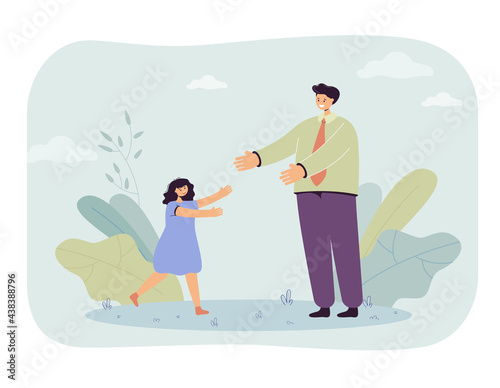 Daughter greeting father after work. Happy little girl running towards man in uniform flat vector illustration. Family, relationship, childhood concept for banner, website design or landing web page